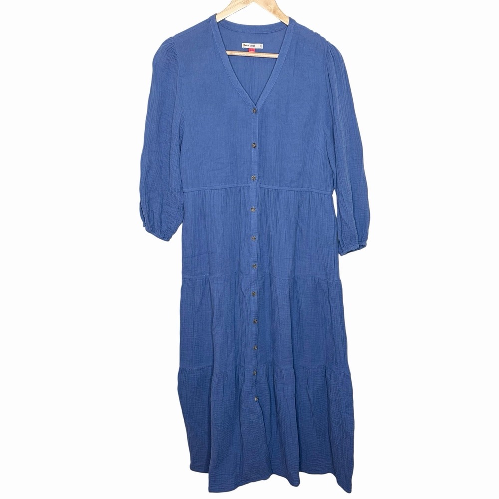Marine Layer Willow DoubleCloth Midi Shirt Dress Womens M Tiered Cotton Gauze
